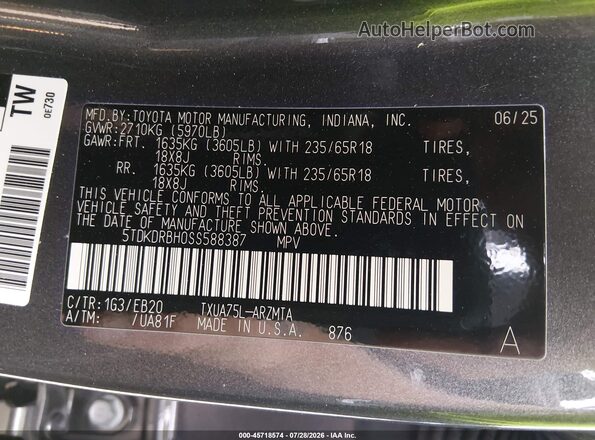 5TDKDRBH0SS588387 2025 TOYOTA HIGHLANDER Gray Widok komory silnika