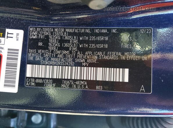 5TDKDRBH2RS534292 2024 TOYOTA HIGHLANDER Blue Widok naklejki z numerem VIN