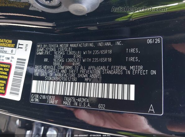 5TDKDRBH2TS612190 2026 TOYOTA HIGHLANDER Black Вид підкапотного простору