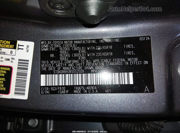 5TDKDRBH3RS552509 2024 TOYOTA HIGHLANDER Gray Շարժիչի բաժամունքի տեսք