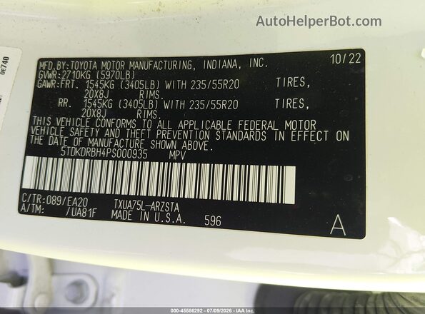 5TDKDRBH4PS000935 2023 TOYOTA HIGHLANDER White Շարժիչի բաժամունքի տեսք
