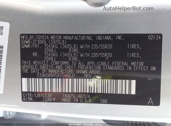 5TDKDRBH5RS546632 2024 TOYOTA HIGHLANDER Серебряный Вид подкапотного пространства