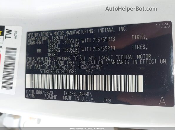 5TDKDRBH5TS600583 2026 TOYOTA HIGHLANDER White Vista del compartimento del motor