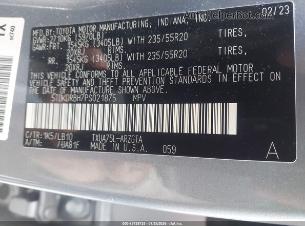 5TDKDRBH7PS021875 2023 TOYOTA HIGHLANDER Blue Շարժիչի բաժամունքի տեսք