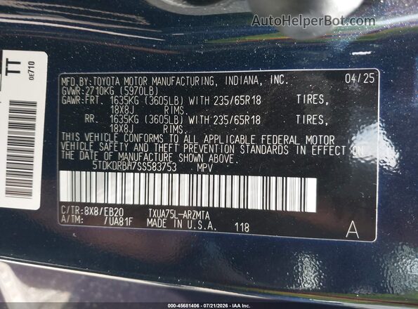 5TDKDRBH7SS583753 2025 TOYOTA HIGHLANDER Синий Вид подкапотного пространства