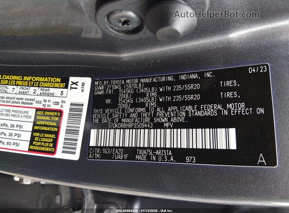 5TDKDRBH8PS509443 2023 TOYOTA HIGHLANDER Gray Շարժիչի բաժամունքի տեսք