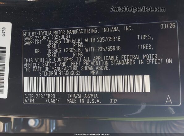 5TDKDRBH9TS606063 2026 TOYOTA HIGHLANDER Black ძრავის განყოფილების ხედი