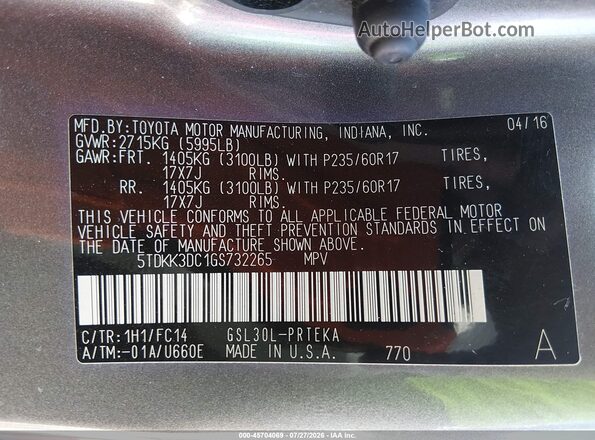 5TDKK3DC1GS732265 2016 TOYOTA SIENNA Gray Engine compartment view