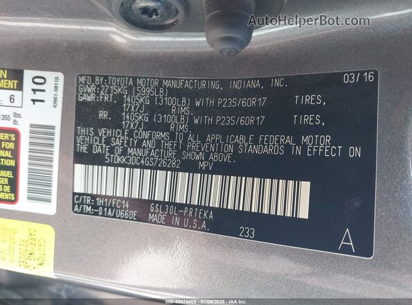5TDKK3DC4GS726282 2016 TOYOTA SIENNA Gray Вид підкапотного простору