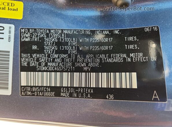 5TDKK3DC4GS757211 2016 TOYOTA SIENNA Blue Вид наклейки з VIN-кодом