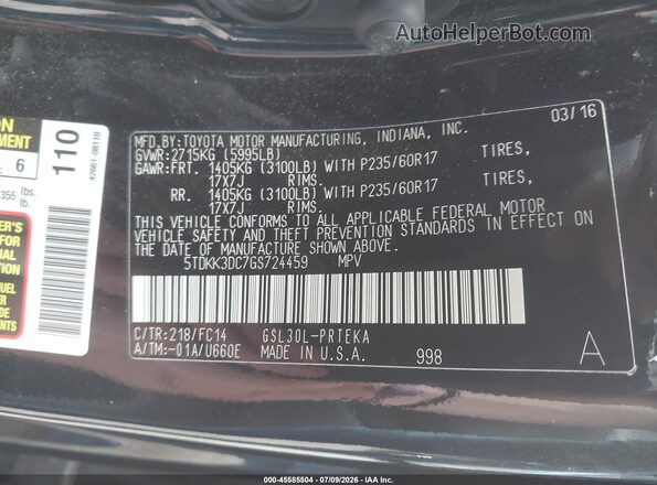 5TDKK3DC7GS724459 2016 TOYOTA SIENNA Black Вид підкапотного простору