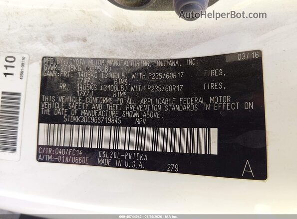 5TDKK3DC9GS719845 2016 TOYOTA SIENNA Белый Вид подкапотного пространства