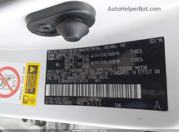 5TDKKRFH1GS136519 2016 TOYOTA HIGHLANDER White Engine compartment view