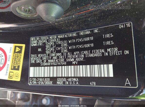 5TDKKRFH1GS147648 2016 TOYOTA HIGHLANDER Black Engine compartment view