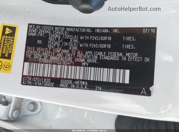 5TDKKRFH1GS165471 2016 TOYOTA HIGHLANDER White ძრავის განყოფილების ხედი