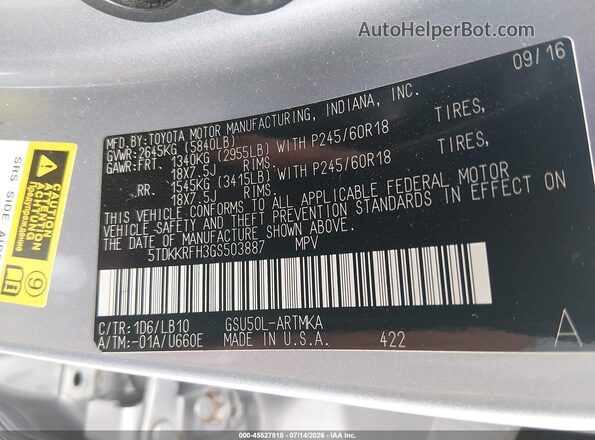 5TDKKRFH3GS503887 2016 TOYOTA HIGHLANDER Silver Vista del compartimento del motor
