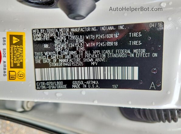 5TDKKRFH4GS152505 2016 TOYOTA HIGHLANDER Белый Вид наклейки с VIN-кодом