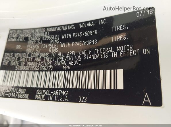 5TDKKRFH5GS166722 2016 TOYOTA HIGHLANDER White Vista del compartimento del motor