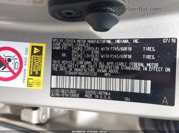 5TDKKRFH6GS501230 2016 TOYOTA HIGHLANDER Tan Вид підкапотного простору