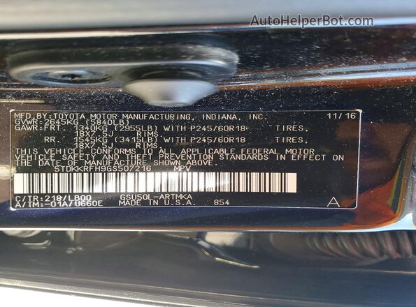 5TDKKRFH9GS507216 2016 TOYOTA HIGHLANDER Черный Панорамный вид салона 360°