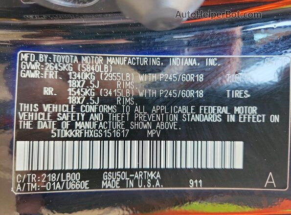 5TDKKRFHXGS151617 2016 TOYOTA HIGHLANDER Черный Панорамный вид салона 360°