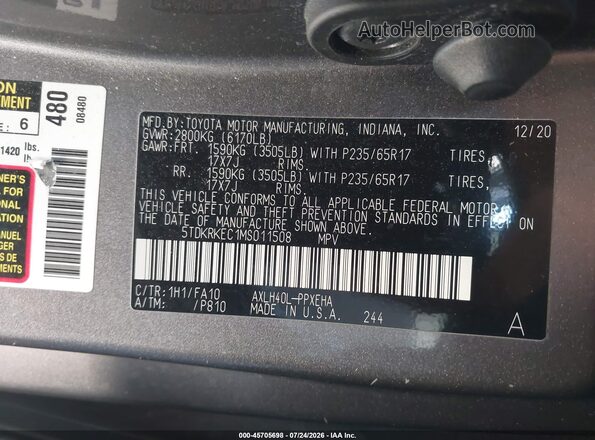 5TDKRKEC1MS011508 2021 TOYOTA SIENNA Gray Vista del compartimento del motor