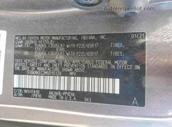 5TDKRKEC2MS015129 2021 TOYOTA SIENNA Серый Панорамный вид салона 360°