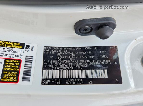 5TDKRKEC3MS030738 2021 TOYOTA SIENNA White Вид наклейки з VIN-кодом