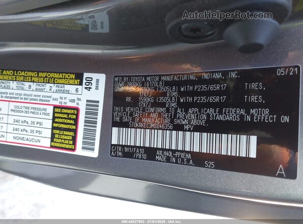 5TDKRKEC3MS046356 2021 TOYOTA SIENNA Gray Rear right