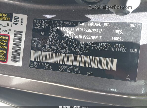 5TDKRKEC4MS049430 2021 TOYOTA SIENNA Gray Շարժիչի բաժամունքի տեսք