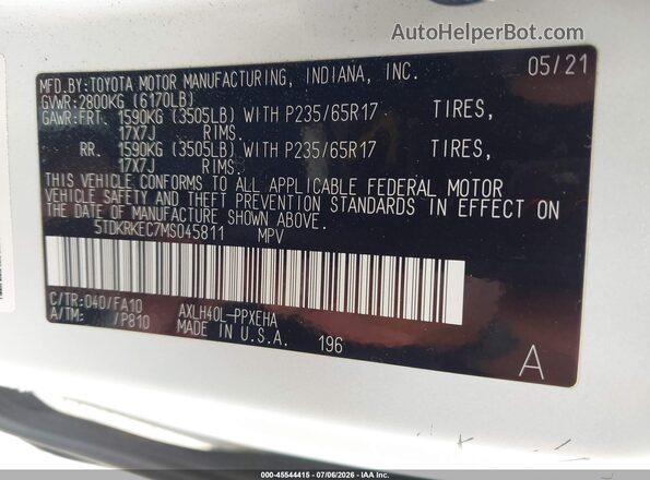 5TDKRKEC7MS045811 2021 TOYOTA SIENNA White ძრავის განყოფილების ხედი