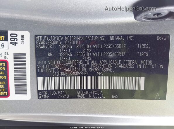 5TDKRKEC8MS052962 2021 TOYOTA SIENNA Gray Engine compartment view