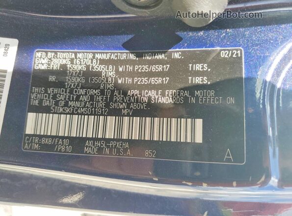 5TDKSKFC4MS011912 2021 TOYOTA SIENNA Blue 360 interior view