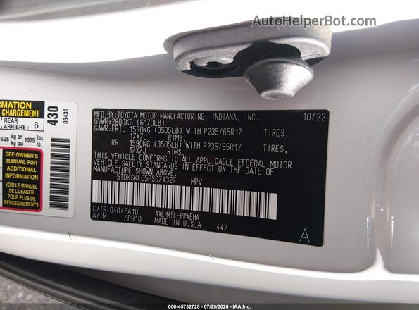 5TDKSKFC5PS074327 2023 TOYOTA SIENNA White Widok komory silnika