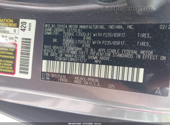 5TDKSKFC8MS011217 2021 TOYOTA SIENNA Gray ძრავის განყოფილების ხედი