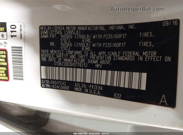 5TDKZ3DC0HS778313 2017 TOYOTA SIENNA White Вид підкапотного простору