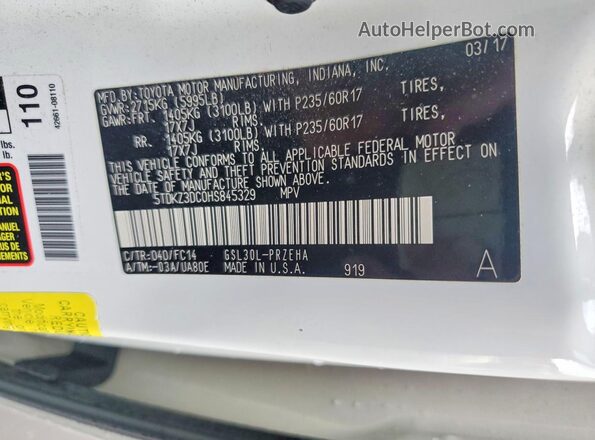 5TDKZ3DC0HS845329 2017 TOYOTA SIENNA White Widok wnętrza 360 stopni