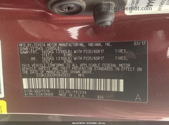 5TDKZ3DC0HS845833 2017 TOYOTA SIENNA Red Widok komory silnika