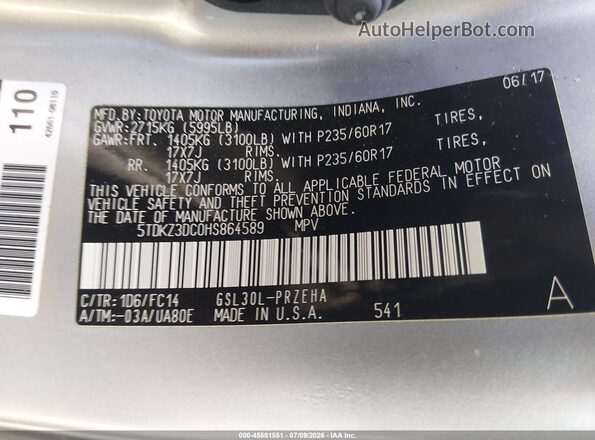 5TDKZ3DC0HS864589 2017 TOYOTA SIENNA Серебряный Вид подкапотного пространства