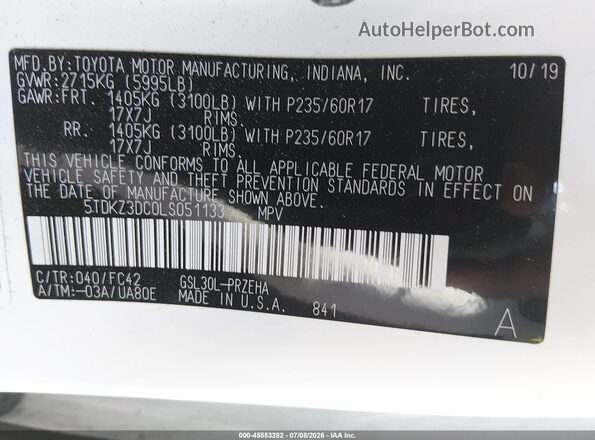 5TDKZ3DC0LS051133 2020 TOYOTA SIENNA White Engine compartment view