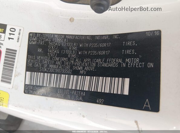 5TDKZ3DC1HS793502 2017 TOYOTA SIENNA White Вид підкапотного простору