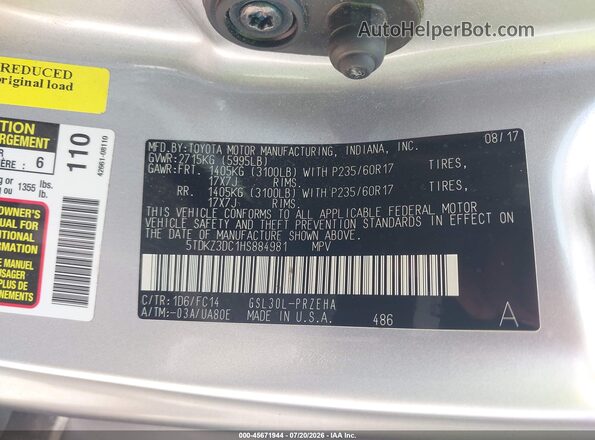 5TDKZ3DC1HS884981 2017 TOYOTA SIENNA Серебряный Вид подкапотного пространства