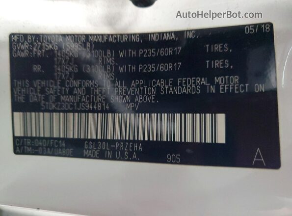 5TDKZ3DC1JS944814 2018 TOYOTA SIENNA White Вид наклейки з VIN-кодом