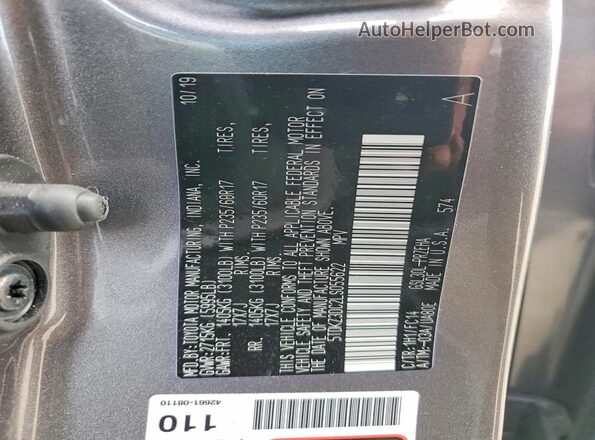 5TDKZ3DC2LS055622 2020 TOYOTA SIENNA Gray Widok naklejki z numerem VIN