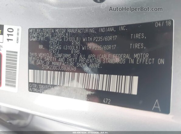 5TDKZ3DC3JS938349 2018 TOYOTA SIENNA Silver Widok komory silnika