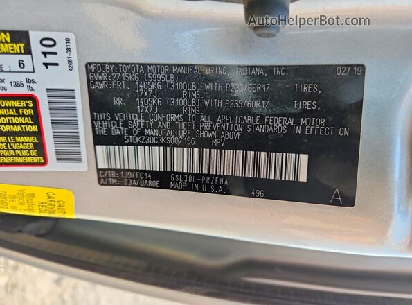 5TDKZ3DC3KS007156 2019 TOYOTA SIENNA Silver Widok naklejki z numerem VIN