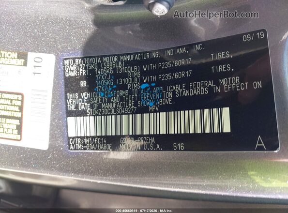 5TDKZ3DC3LS049277 2020 TOYOTA SIENNA Gray Vista del compartimento del motor