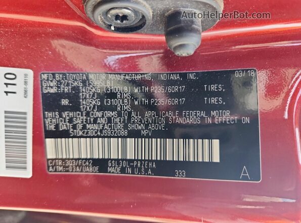 5TDKZ3DC4JS932088 2018 TOYOTA SIENNA Red Vista interior de 360 grados