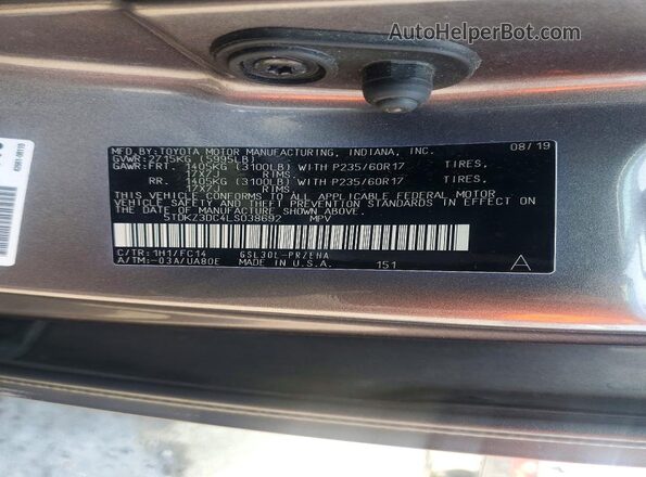 5TDKZ3DC4LS038692 2020 TOYOTA SIENNA Gray Vista de la etiqueta del VIN