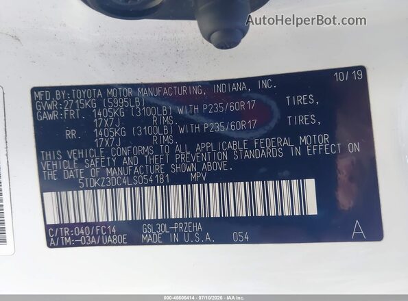 5TDKZ3DC4LS054181 2020 TOYOTA SIENNA White Вид підкапотного простору